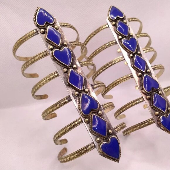 Single Handmade Afghan Cuff Bracelet: Tribal Blue Lapis Adjustable Boho Jewelry - Picture 2 of 4
